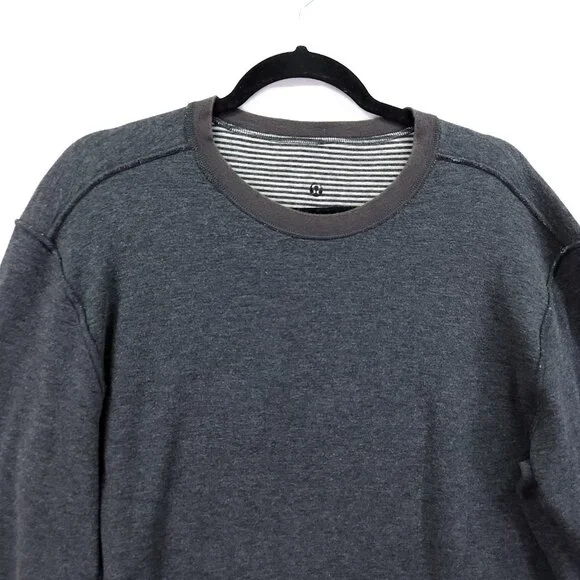 Lululemon Binary Long Sleeve Crew Shirt Men's Size Large Gray Reversible Striped - Picture 3 of 13